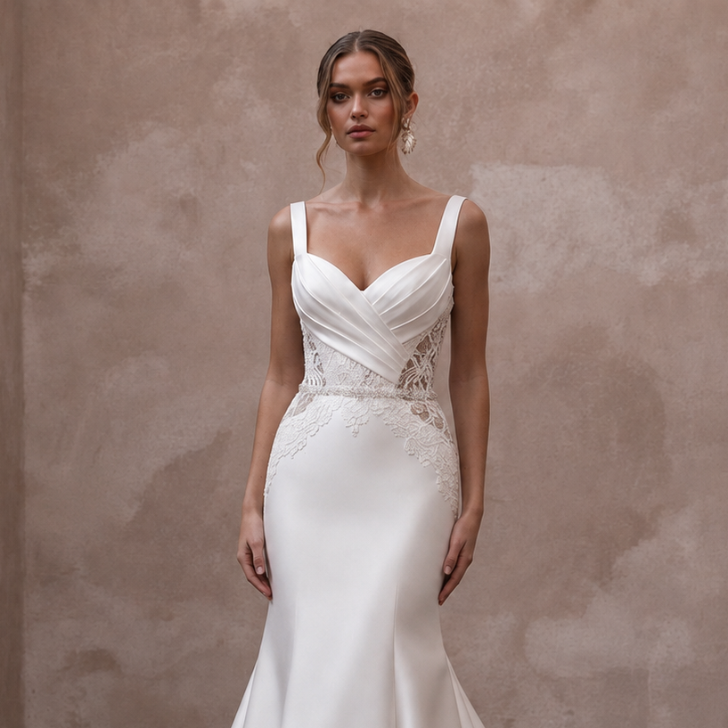 Timeless Diamond White Satin Fit-and-Flare Bridal Gown for Church Elopement