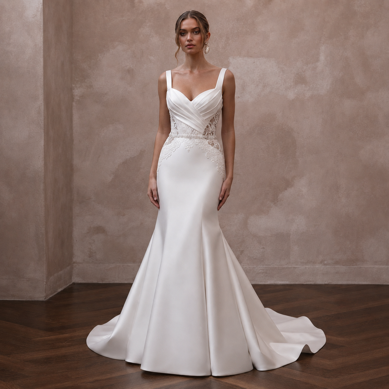 Timeless Diamond White Satin Fit-and-Flare Bridal Gown for Church Elopement Main image
