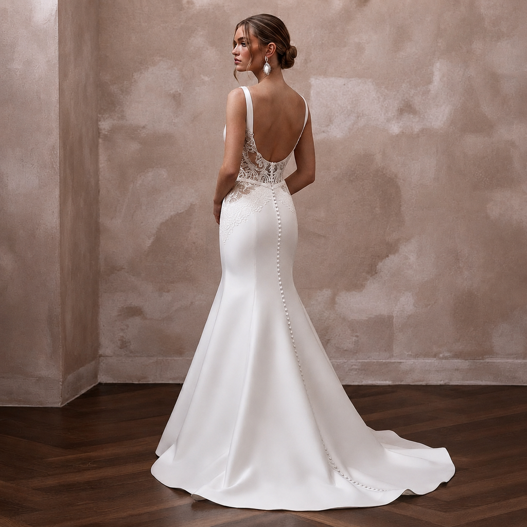 Timeless Diamond White Satin Fit-and-Flare Bridal Gown for Church Elopement