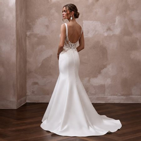 Timeless Diamond White Satin Fit-and-Flare Bridal Gown for Church Elopement