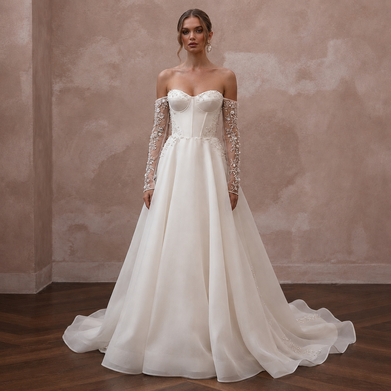 Timeless Wedding Dresses with Pearl Embroidered Sleeves Main image