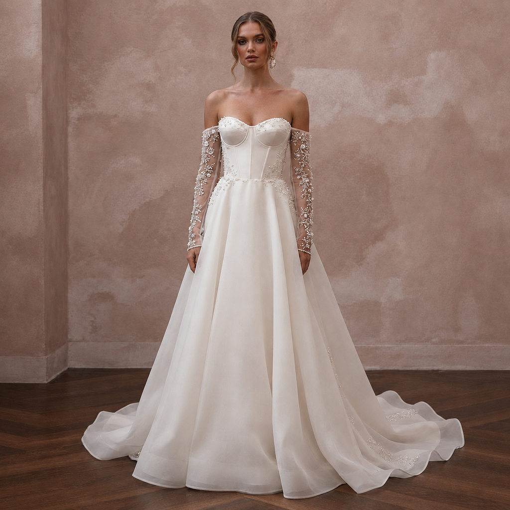 Timeless Wedding Dresses with Pearl Embroidered Sleeves