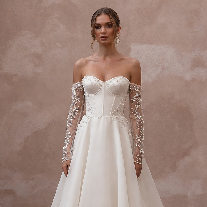 Timeless Wedding Dresses with Pearl Embroidered Sleeves - Apparel & Accessories > Clothing > Wedding & Bridal Party Dresses > Wedding Dresses - Mignonette Bridal