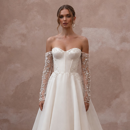 Timeless Wedding Dresses with Pearl Embroidered Sleeves - Apparel & Accessories > Clothing > Wedding & Bridal Party Dresses > Wedding Dresses - Mignonette Bridal