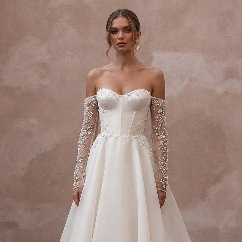 Timeless Wedding Dresses with Pearl Embroidered Sleeves