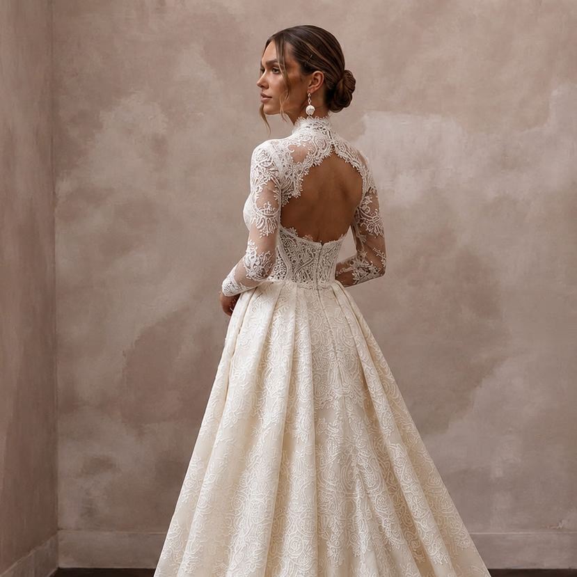 Traditional Lace Bridal Gown with Detachable Train