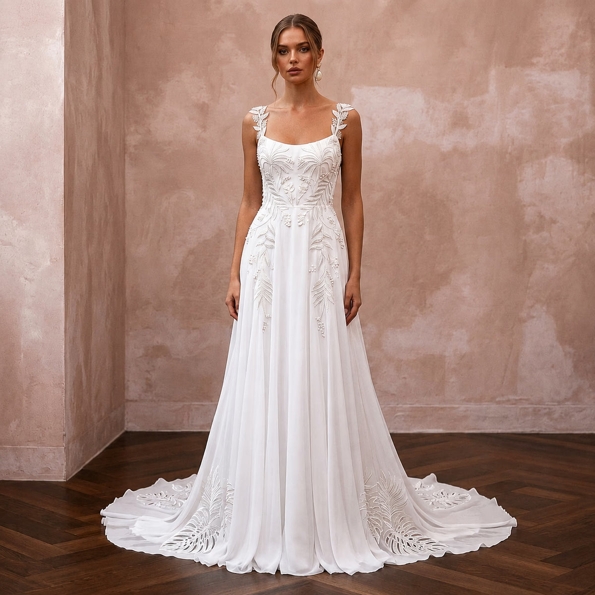Tropical Chiffon Bridal Gown with Open Back for a Destination Wedding - Apparel & Accessories > Clothing > Wedding & Bridal Party Dresses > Wedding Dresses - Mignonette Bridal