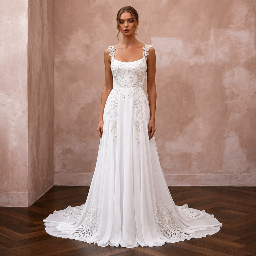 Tropical Chiffon Bridal Gown with Open Back for a Destination Wedding