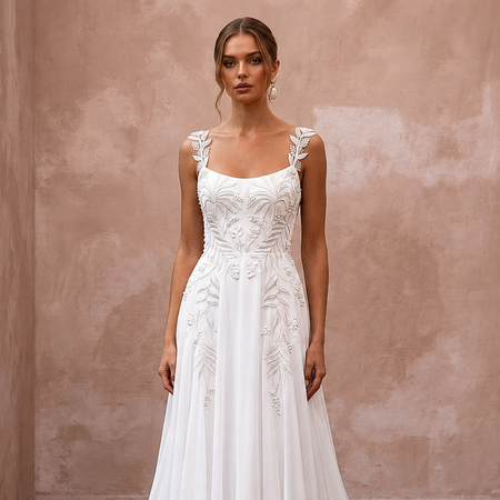 Tropical Chiffon Bridal Gown with Open Back for a Destination Wedding