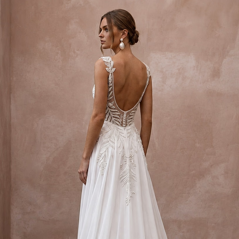 Tropical Chiffon Bridal Gown with Open Back for a Destination Wedding - Apparel & Accessories > Clothing > Wedding & Bridal Party Dresses > Wedding Dresses - Mignonette Bridal