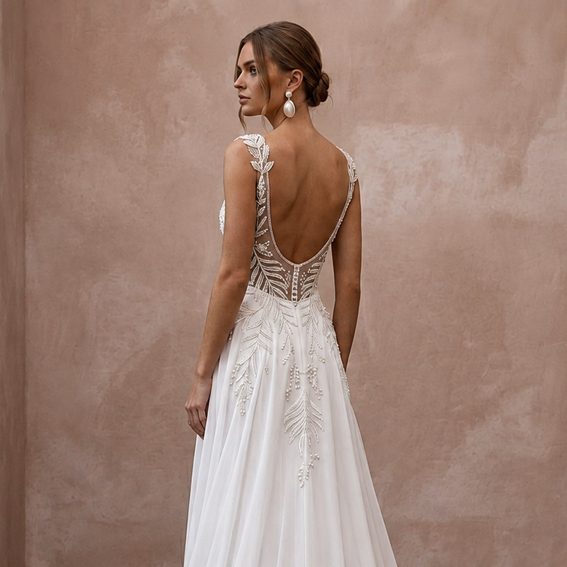 Tropical Chiffon Bridal Gown with Open Back for a Destination Wedding