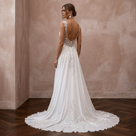Tropical Chiffon Bridal Gown with Open Back for a Destination Wedding - Apparel & Accessories > Clothing > Wedding & Bridal Party Dresses > Wedding Dresses - Mignonette Bridal