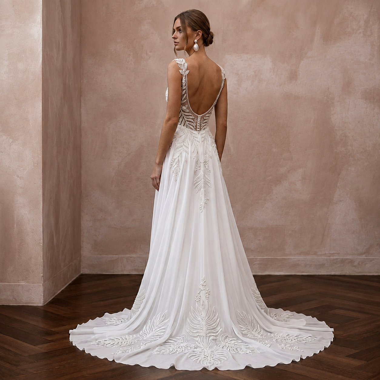 Tropical Chiffon Bridal Gown with Open Back for a Destination Wedding