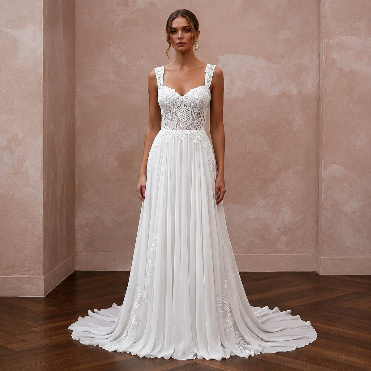 Tropical Wedding Dress with Floral Lace and Flowing Chiffon Skirt - Apparel & Accessories > Clothing > Wedding & Bridal Party Dresses > Wedding Dresses - Mignonette Bridal Main image