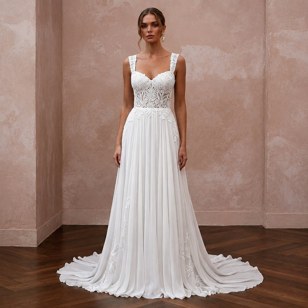 Tropical Wedding Dress with Floral Lace and Flowing Chiffon Skirt - Apparel & Accessories > Clothing > Wedding & Bridal Party Dresses > Wedding Dresses - Mignonette Bridal