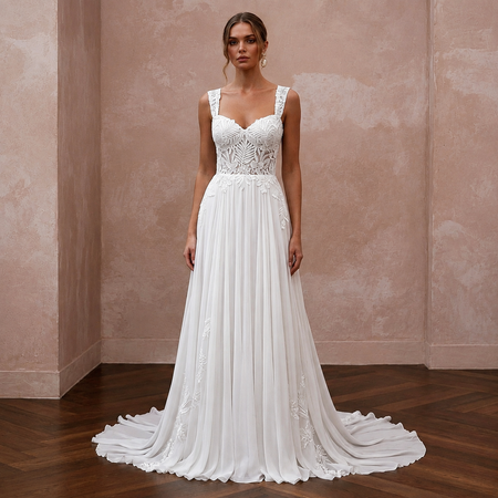 Tropical Wedding Dress with Floral Lace and Flowing Chiffon Skirt