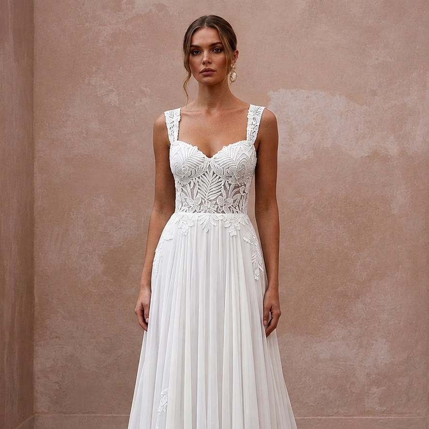 Tropical Wedding Dress with Floral Lace and Flowing Chiffon Skirt - Apparel & Accessories > Clothing > Wedding & Bridal Party Dresses > Wedding Dresses - Mignonette Bridal