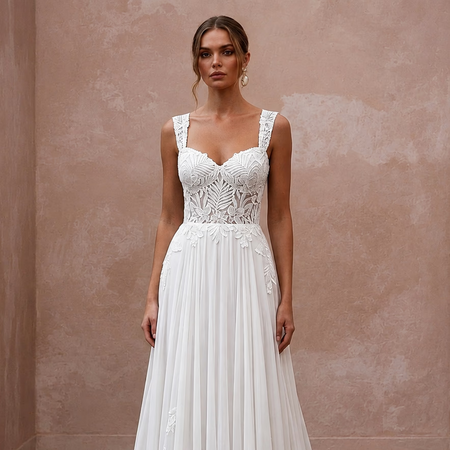 Tropical Wedding Dress with Floral Lace and Flowing Chiffon Skirt - Apparel & Accessories > Clothing > Wedding & Bridal Party Dresses > Wedding Dresses - Mignonette Bridal