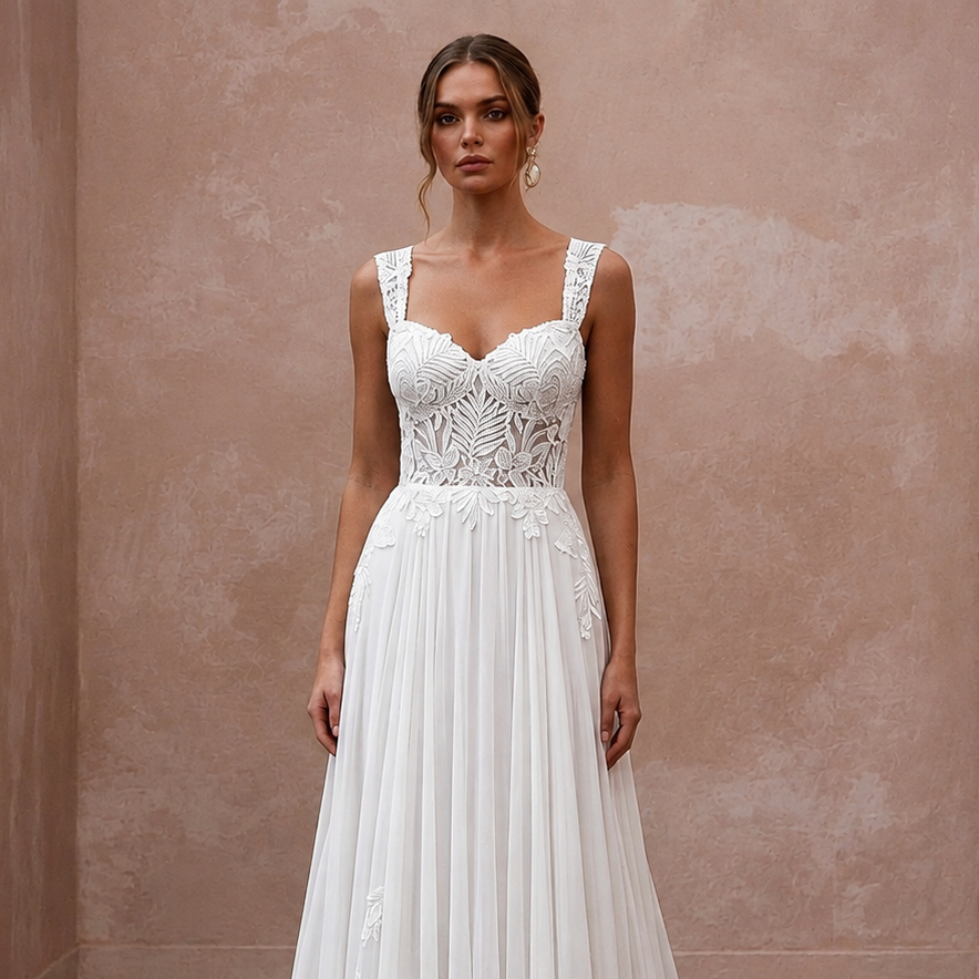 Tropical Wedding Dress with Floral Lace and Flowing Chiffon Skirt