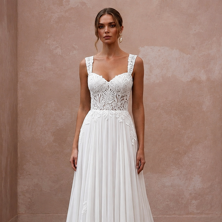Tropical Wedding Dress with Floral Lace and Flowing Chiffon Skirt