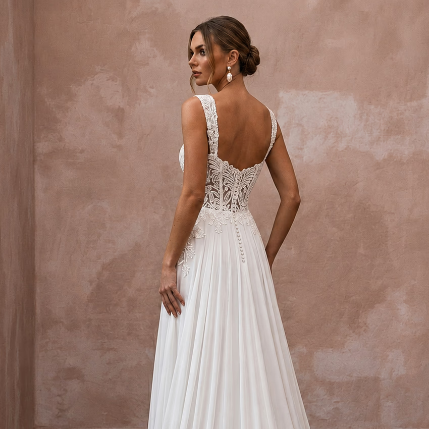 Tropical Wedding Dress with Floral Lace and Flowing Chiffon Skirt - Apparel & Accessories > Clothing > Wedding & Bridal Party Dresses > Wedding Dresses - Mignonette Bridal