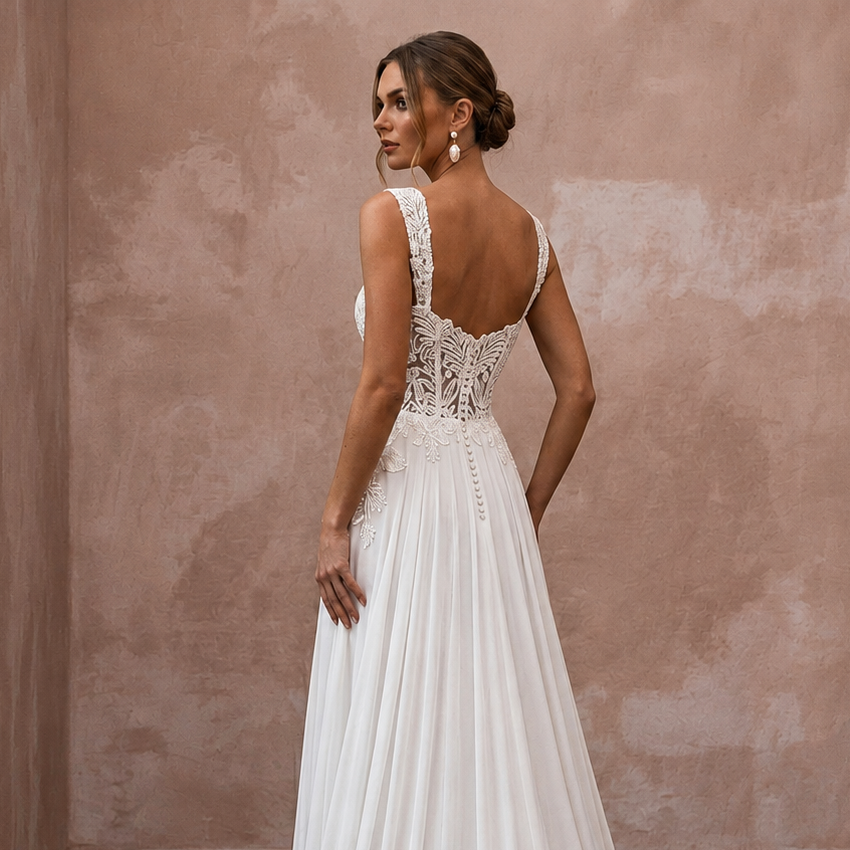 Tropical Wedding Dress with Floral Lace and Flowing Chiffon Skirt