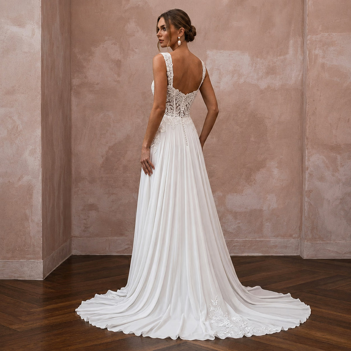 Tropical Wedding Dress with Floral Lace and Flowing Chiffon Skirt - Apparel & Accessories > Clothing > Wedding & Bridal Party Dresses > Wedding Dresses - Mignonette Bridal