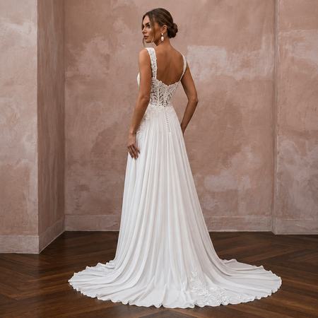 Tropical Wedding Dress with Floral Lace and Flowing Chiffon Skirt