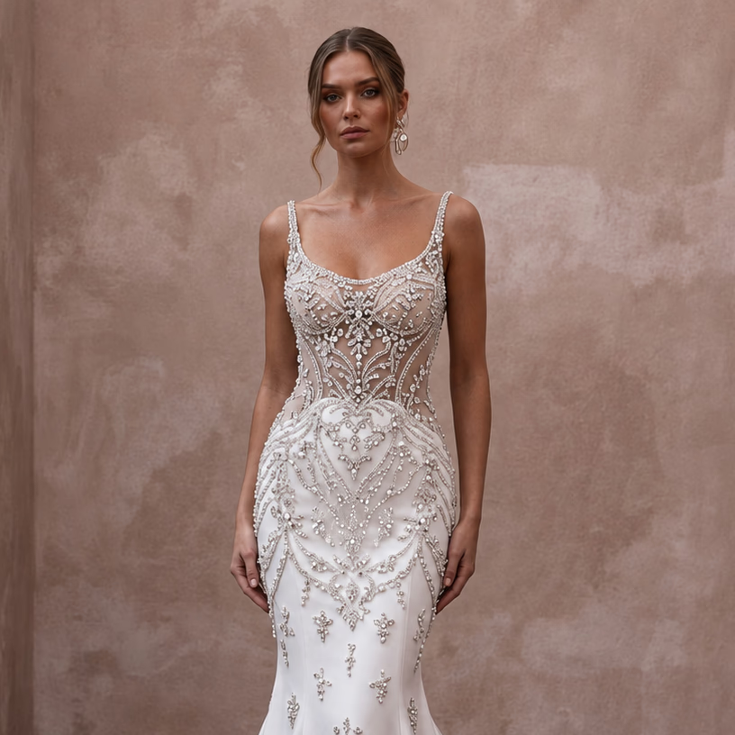 Trumpet Wedding Dresses with Crystal Embellishments - Apparel & Accessories > Clothing > Wedding & Bridal Party Dresses > Wedding Dresses - Mignonette Bridal