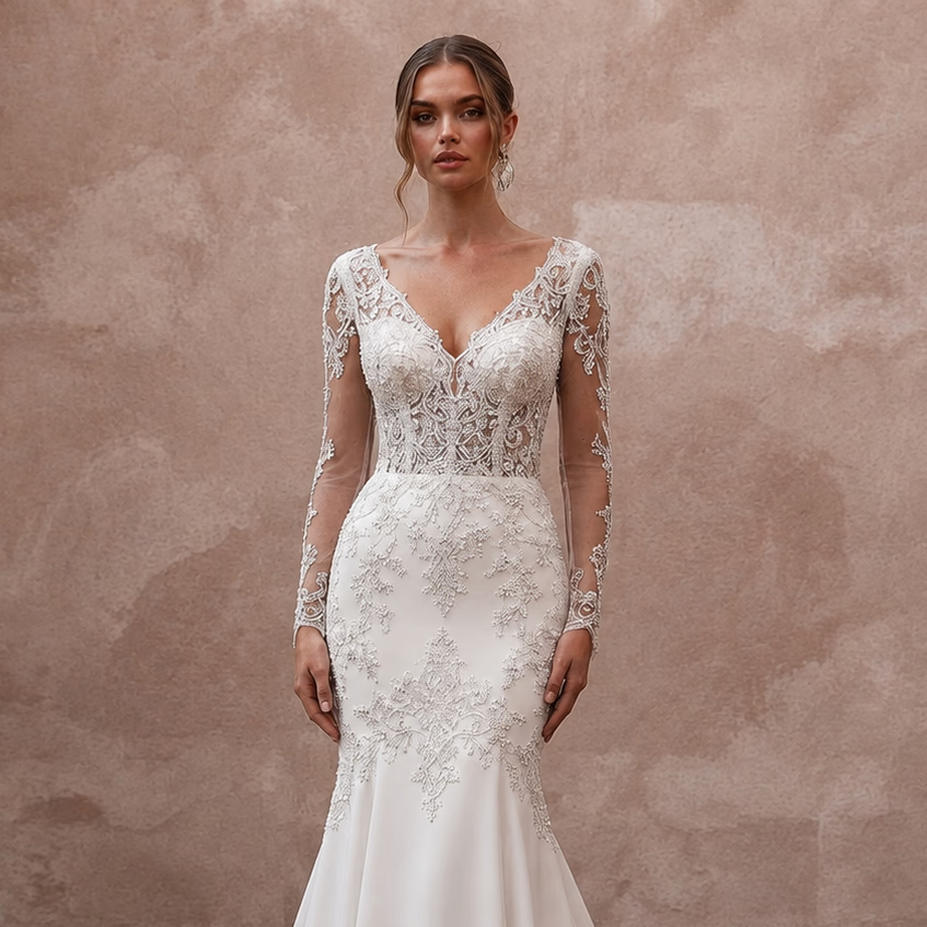 Trumpet Wedding Dresses with Crystal Lace Appliqués - Apparel & Accessories > Clothing > Wedding & Bridal Party Dresses > Wedding Dresses - Mignonette Bridal