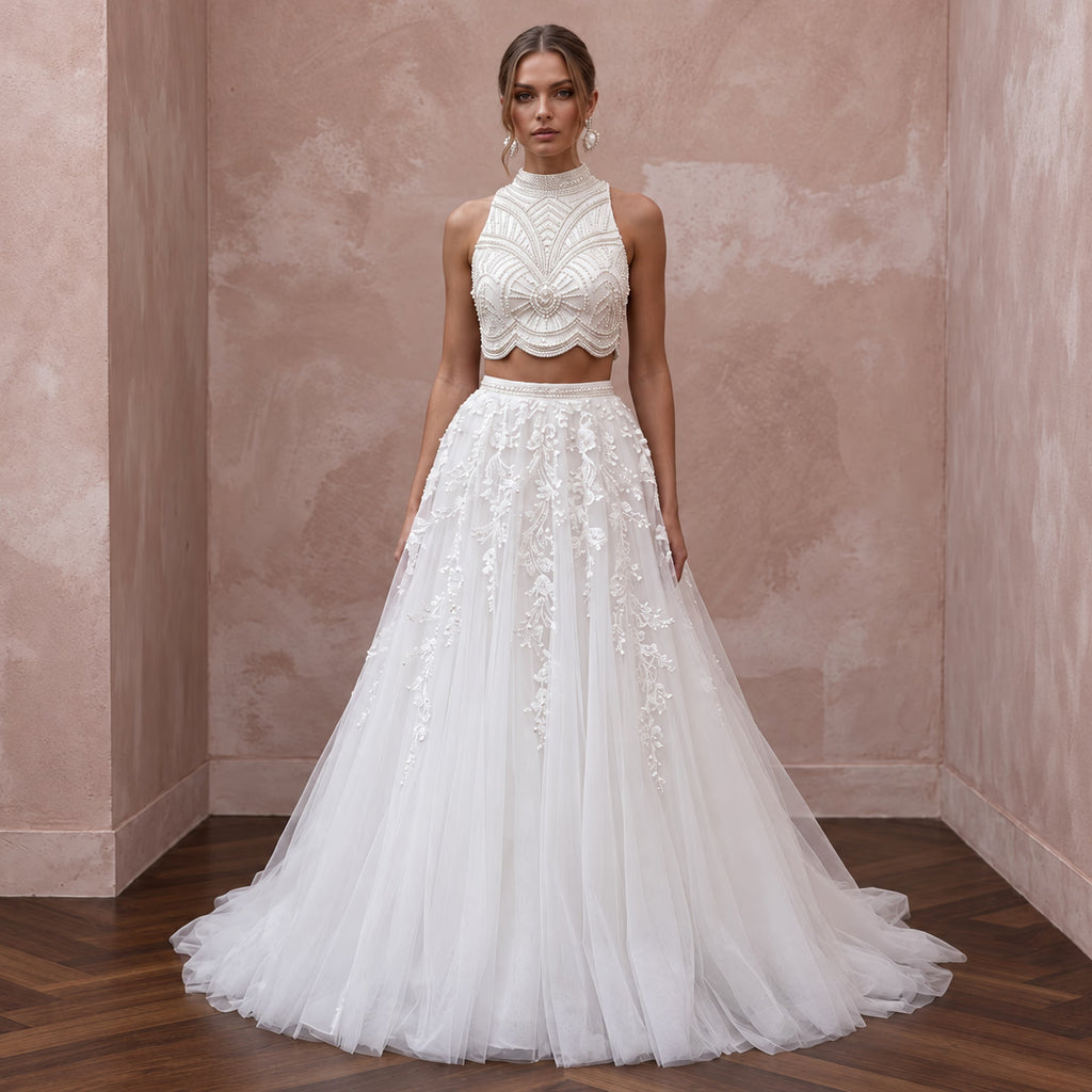 Two-Piece Pearl White Crop Top and Tulle Skirt Bridal Set