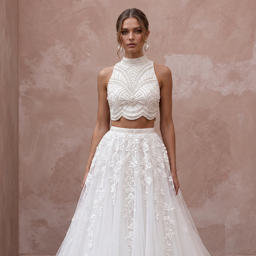 Two-Piece Pearl White Crop Top and Tulle Skirt Bridal Set