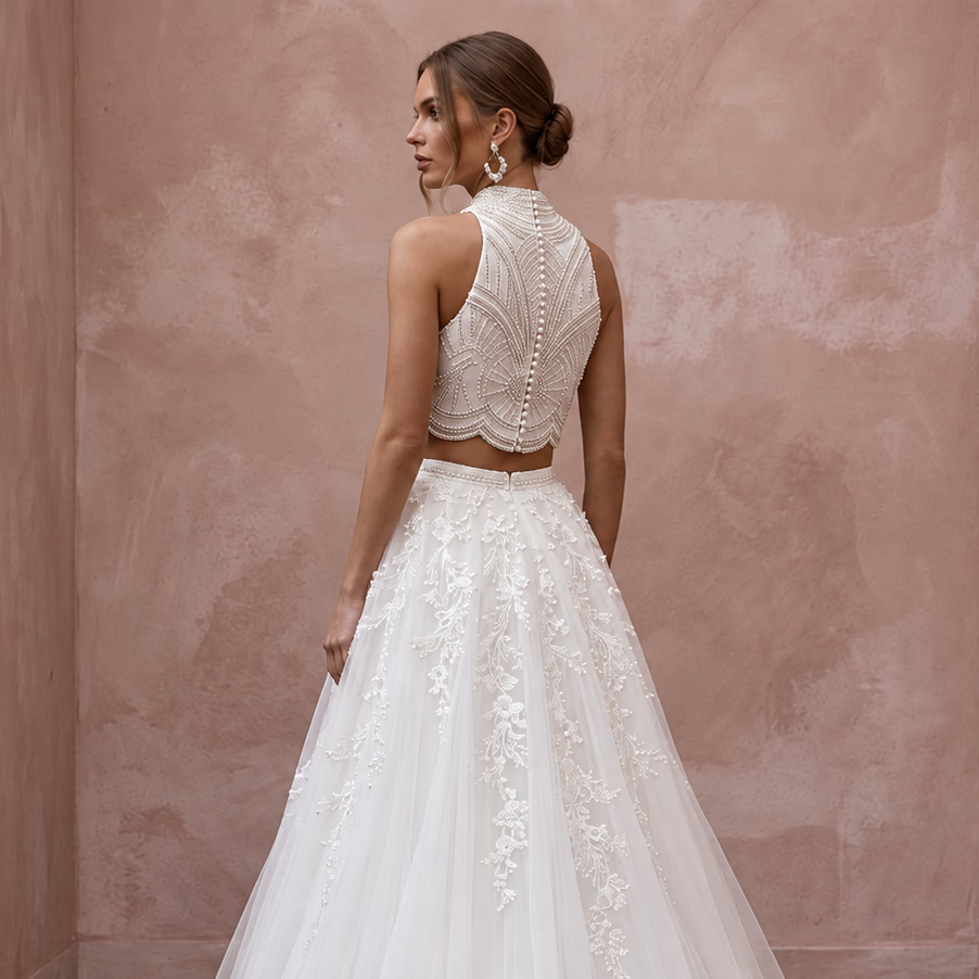 Two-Piece Pearl White Crop Top and Tulle Skirt Bridal Set