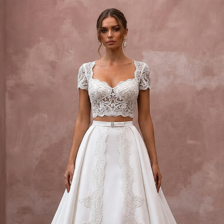 Two - Piece Wedding Dresses with Satin and Lace Combinations - Apparel & Accessories > Clothing > Wedding & Bridal Party Dresses > Wedding Dresses - Mignonette Bridal