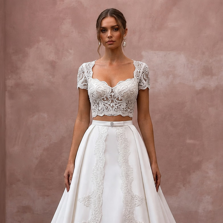 Two - Piece Wedding Dresses with Satin and Lace Combinations - Apparel & Accessories > Clothing > Wedding & Bridal Party Dresses > Wedding Dresses - Mignonette Bridal