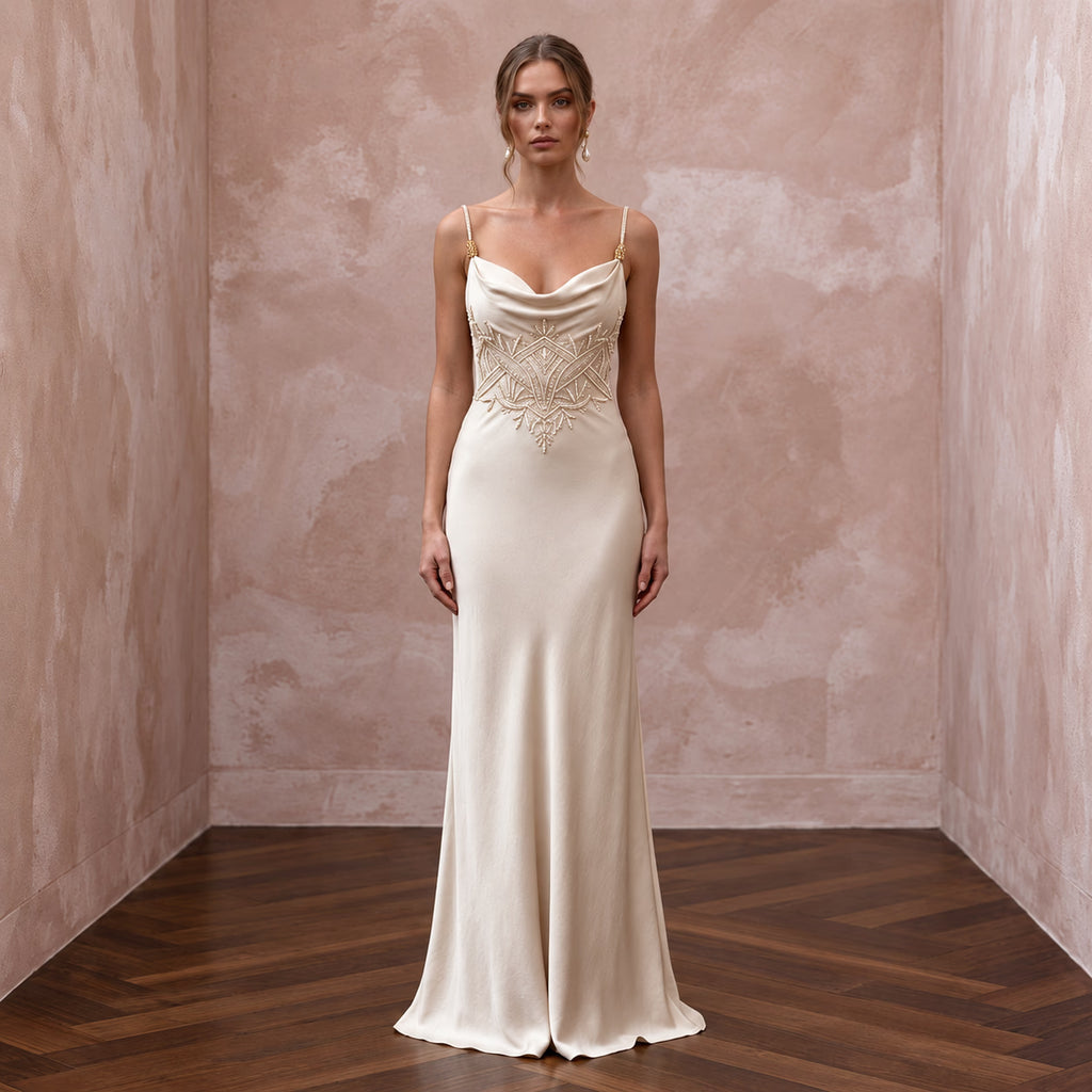 Understated Champagne Sandwashed Silk Slip Wedding Dress for Vow Renewal
