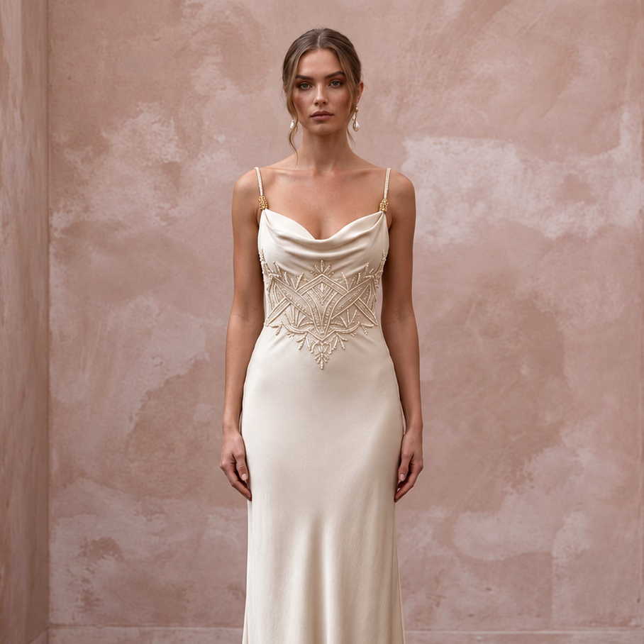 Understated Champagne Sandwashed Silk Slip Wedding Dress for Vow Renewal