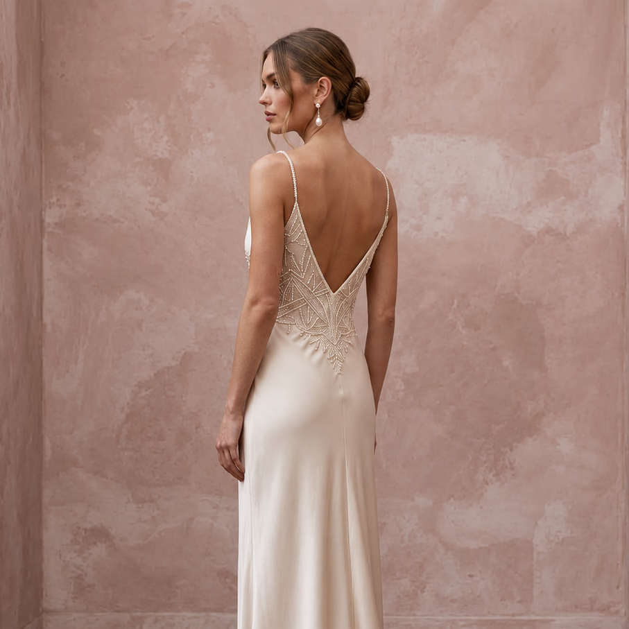 Understated Champagne Sandwashed Silk Slip Wedding Dress for Vow Renewal