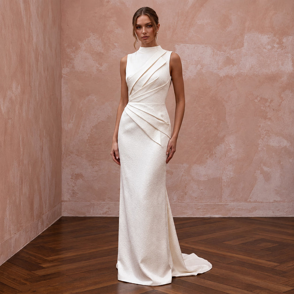 Understated Off-White Hammered Satin Column Bridal Gown for City Hall