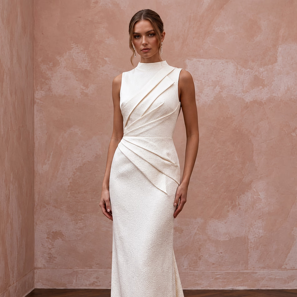 Understated Off-White Hammered Satin Column Bridal Gown for City Hall