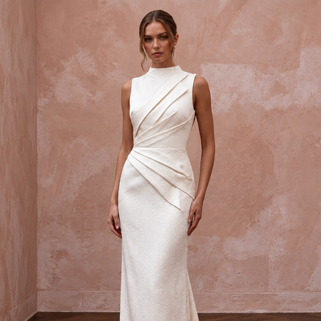 Understated Off-White Hammered Satin Column Bridal Gown for City Hall