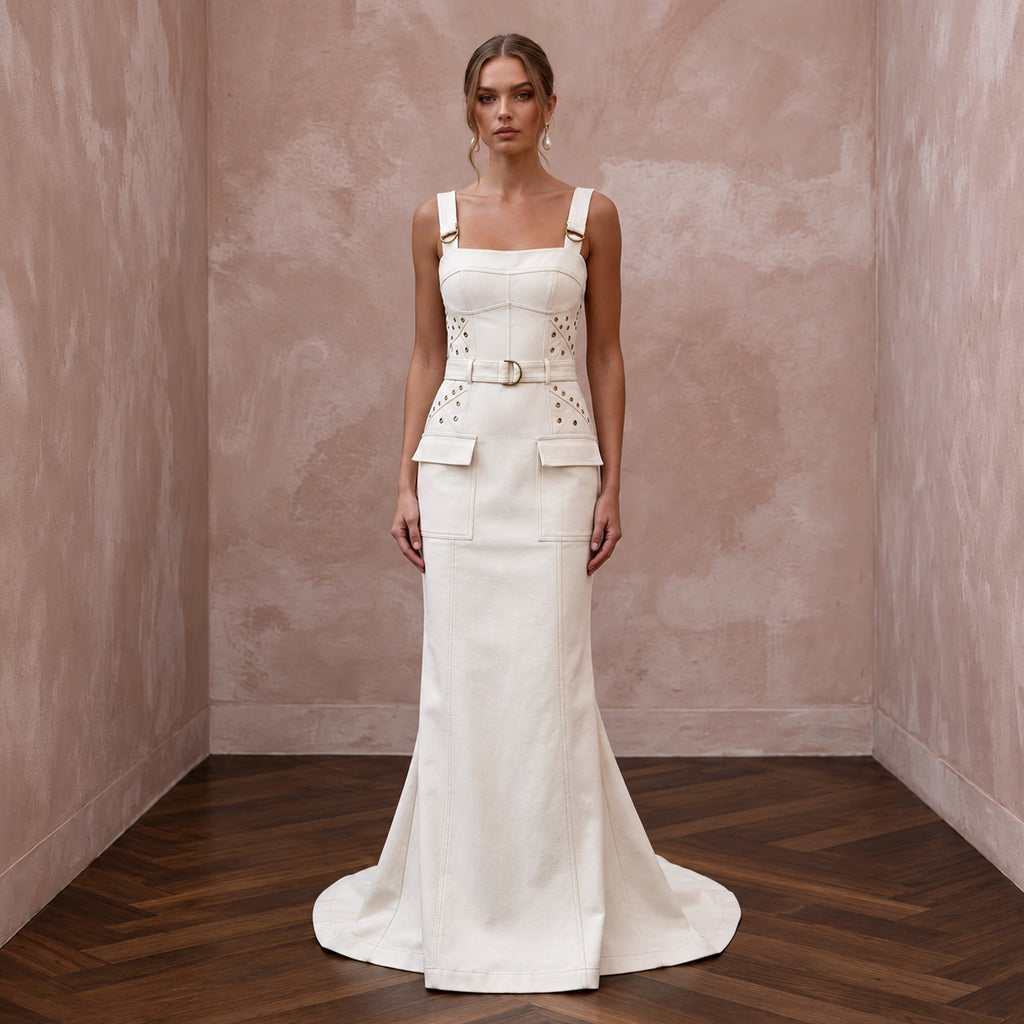 Utilitarian Off-White Cotton Canvas Utility Bridal Dress for Post-Wedding