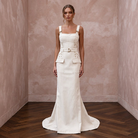 Utilitarian Off-White Cotton Canvas Utility Bridal Dress for Post-Wedding