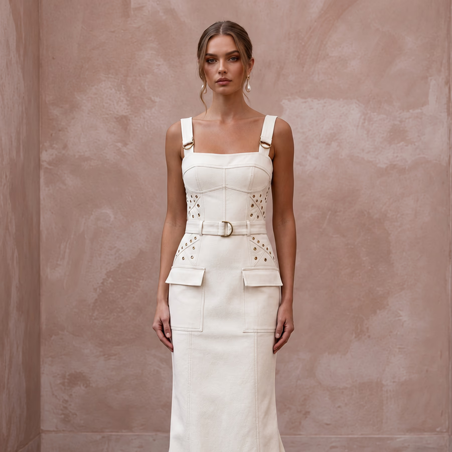 Utilitarian Off-White Cotton Canvas Utility Bridal Dress for Post-Wedding