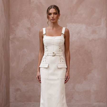 Utilitarian Off-White Cotton Canvas Utility Bridal Dress for Post-Wedding