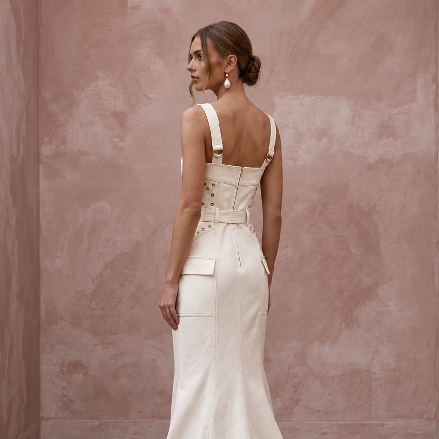 Utilitarian Off-White Cotton Canvas Utility Bridal Dress for Post-Wedding