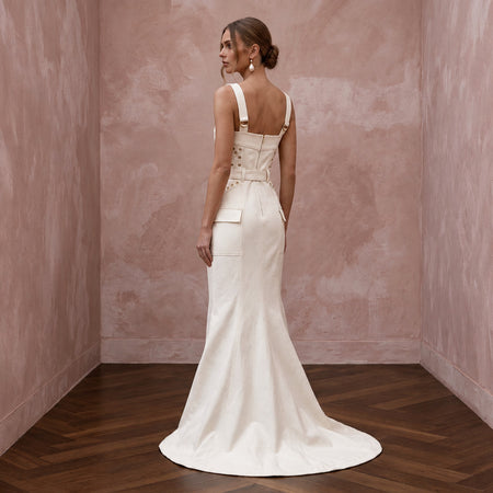 Utilitarian Off-White Cotton Canvas Utility Bridal Dress for Post-Wedding