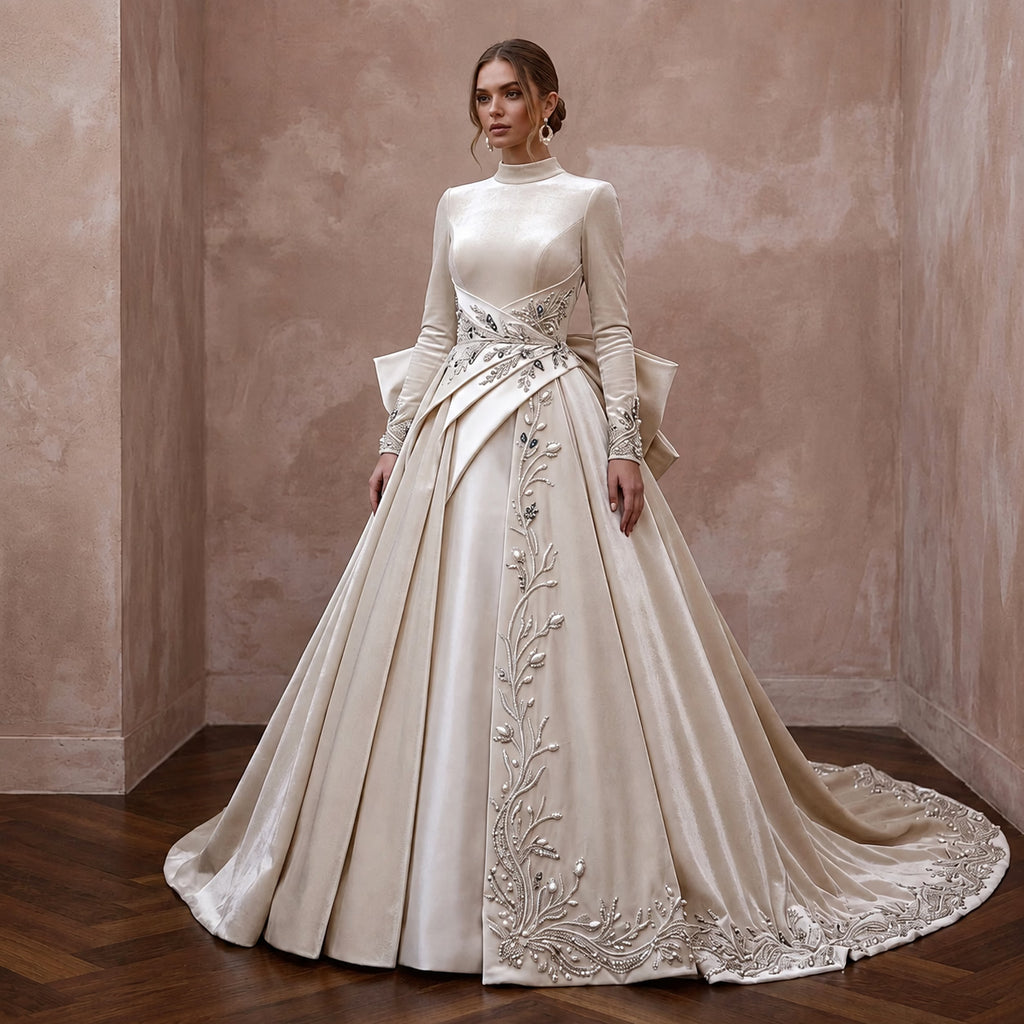 Velvet-Inspired Satin Bridal Gown for a Winter Ceremony