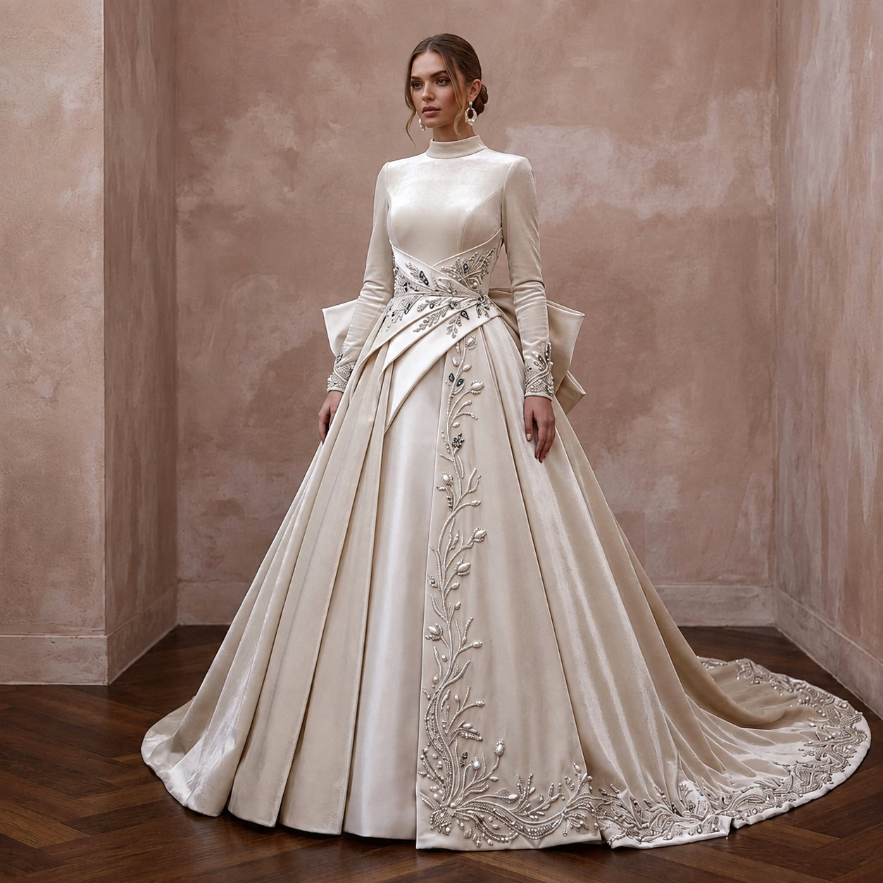 Velvet-Inspired Satin Bridal Gown for a Winter Ceremony