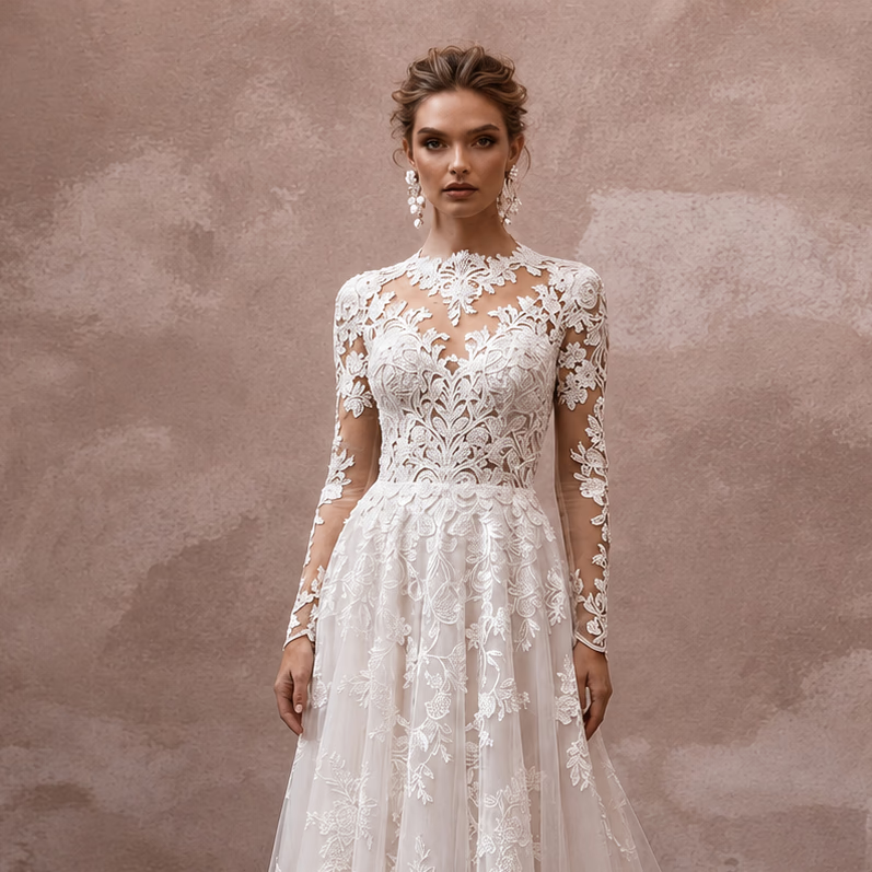 Venetian Lace Wedding Dresses with Intricate Floral Details - Apparel & Accessories > Clothing > Wedding & Bridal Party Dresses > Wedding Dresses - Mignonette Bridal